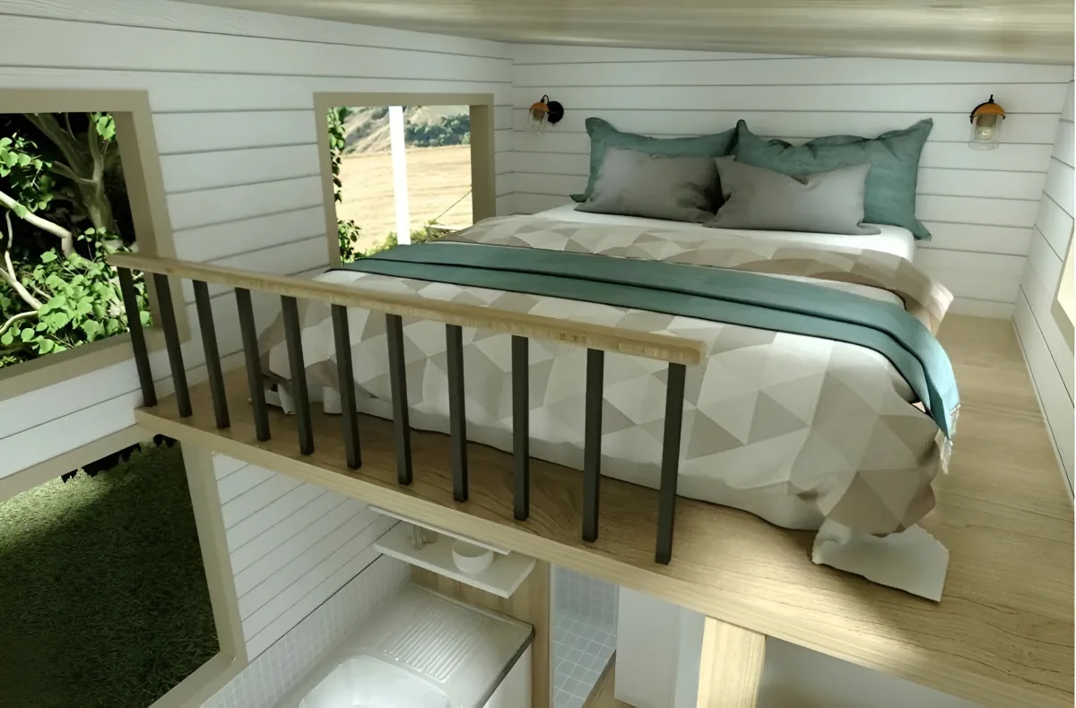 3D image of a loft with a bed on a tiny house designed by North Andes Homes.
