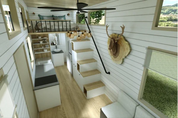 Photo of the kitchen and loft of a Bariloche Tiny House built by North Andes Homes.