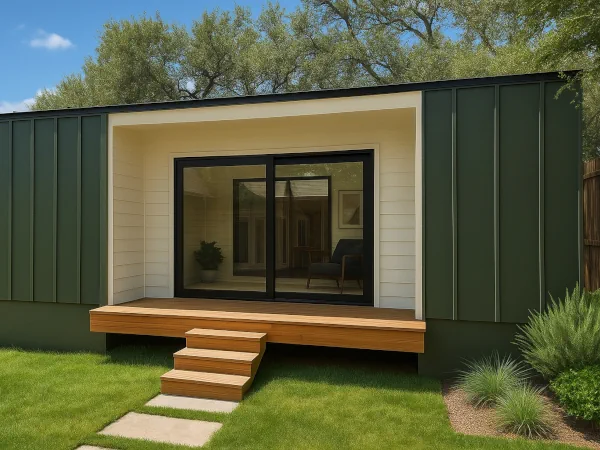 Image of a green modular space on a yard.