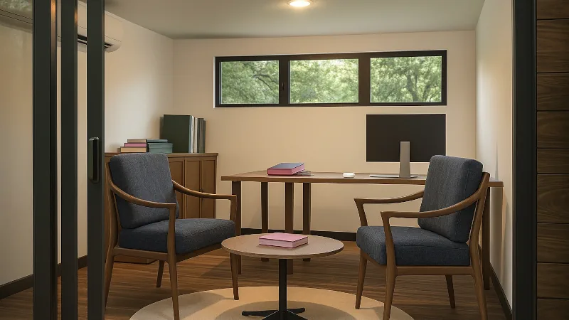 3D image of the interior of a modular POD. It includes an office and a coffee table with chairs.